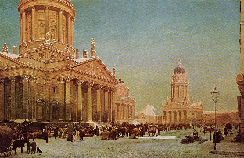 Le Gendarmenmarkt avec le "Französicher Dom" à Berlin qui était aussi la capitale des huguenots d'Allemagne (peint par Eduard Gaertner, "Gendarmenmarkt im Winter" / huile sur toile de 1857)